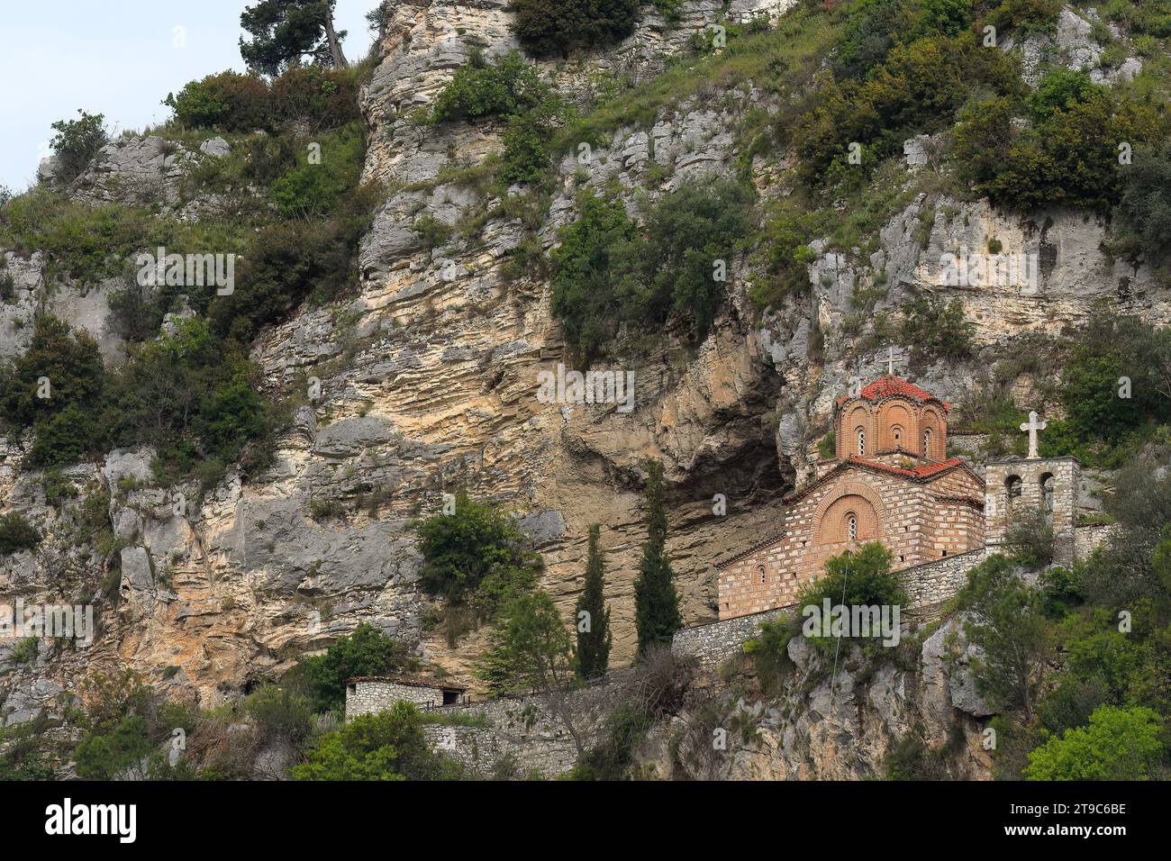 067 Medieval, Byzantine, XIV century St. Michael's Church built on the cliffside above the river and below the castle. Berat-Albania. Stock Photo