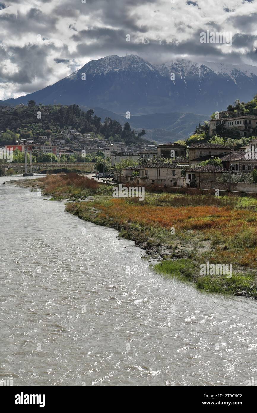 074 The Osum river flowing between the New and the Gorica Bridges across the Mangalem and Gorica neighbourhoods. Berat-Albania. Stock Photo