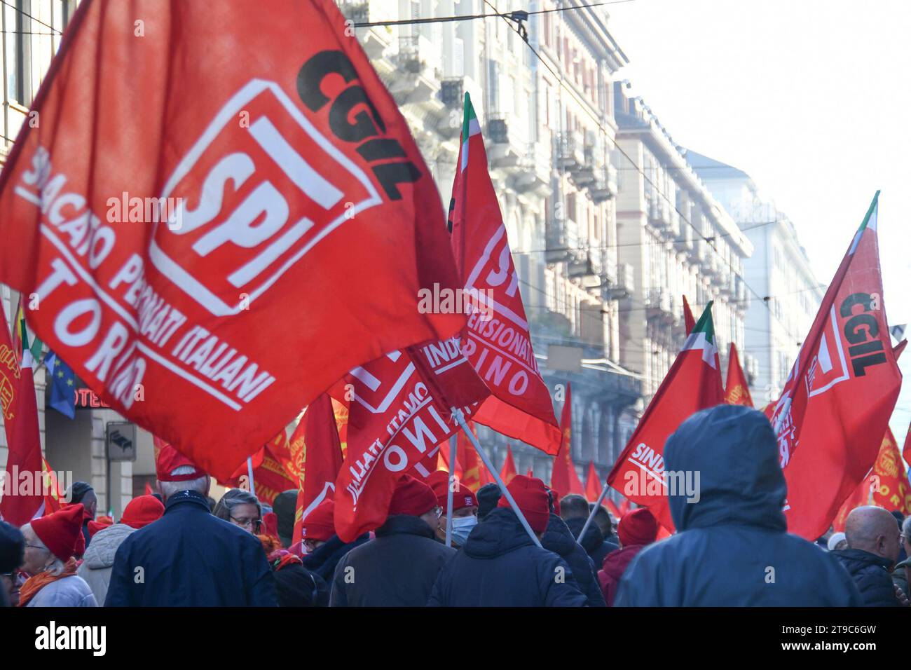 Torino, Torino, Italy, November 24, 2023, CGIL UIL trade union demonstration 24 November 2023, Turin  during  ''ADESSO BASTA'' Sciopero generale CGIL UIL - 24 Novembre 2023 - Reportage Stock Photo