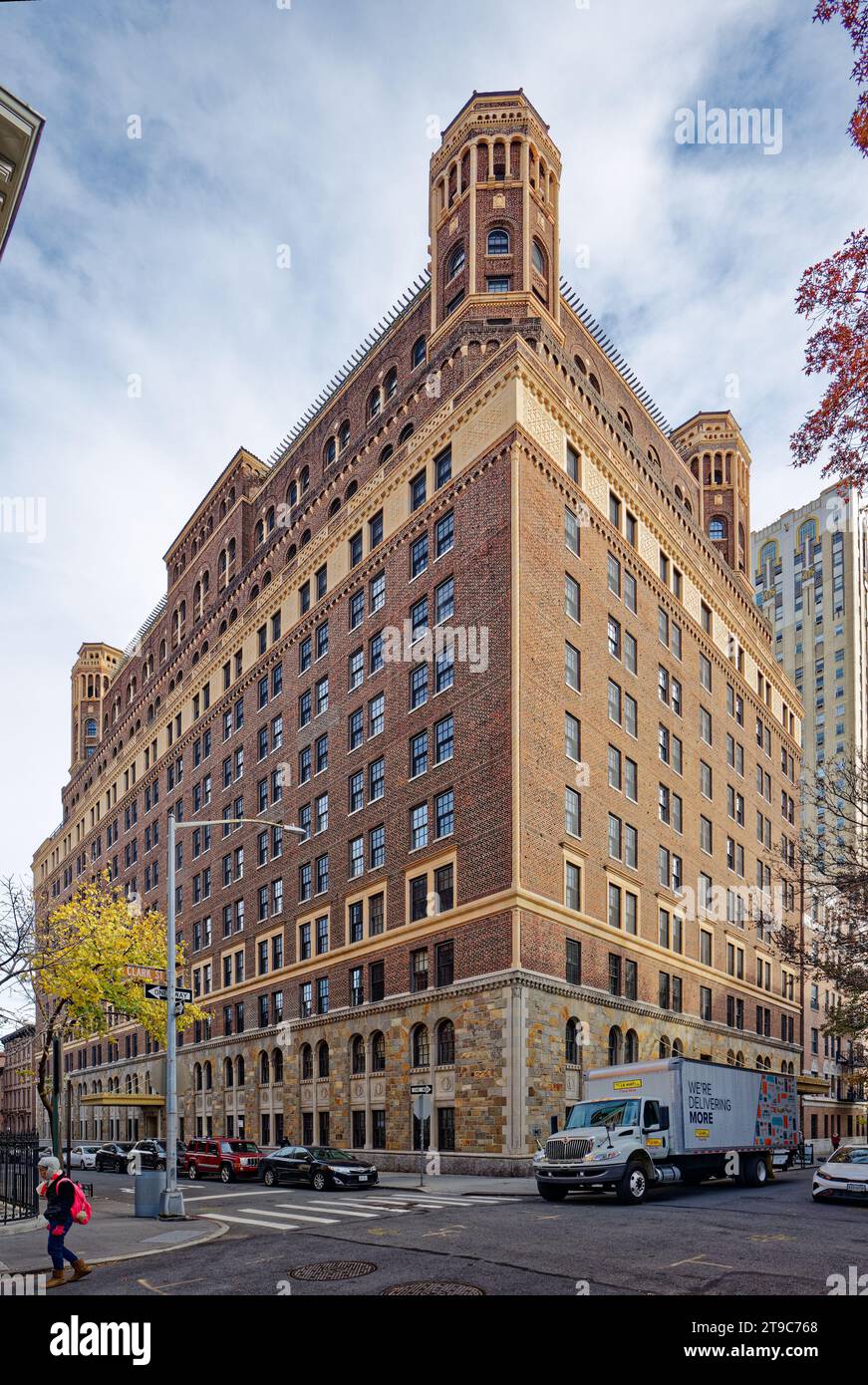 21 Clark Street, in Brooklyn Heights Historic District, is the former Towers Hotel converted to The Watermark assisted living/senior housing. Stock Photo
