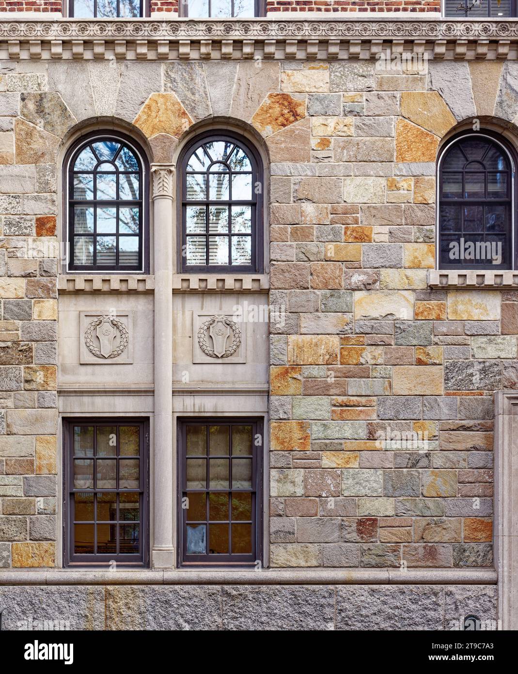 Façade detail, 21 Clark Street, in Brooklyn Heights Historic District. The former Towers Hotel is now The Watermark, assisted living/senior housing. Stock Photo
