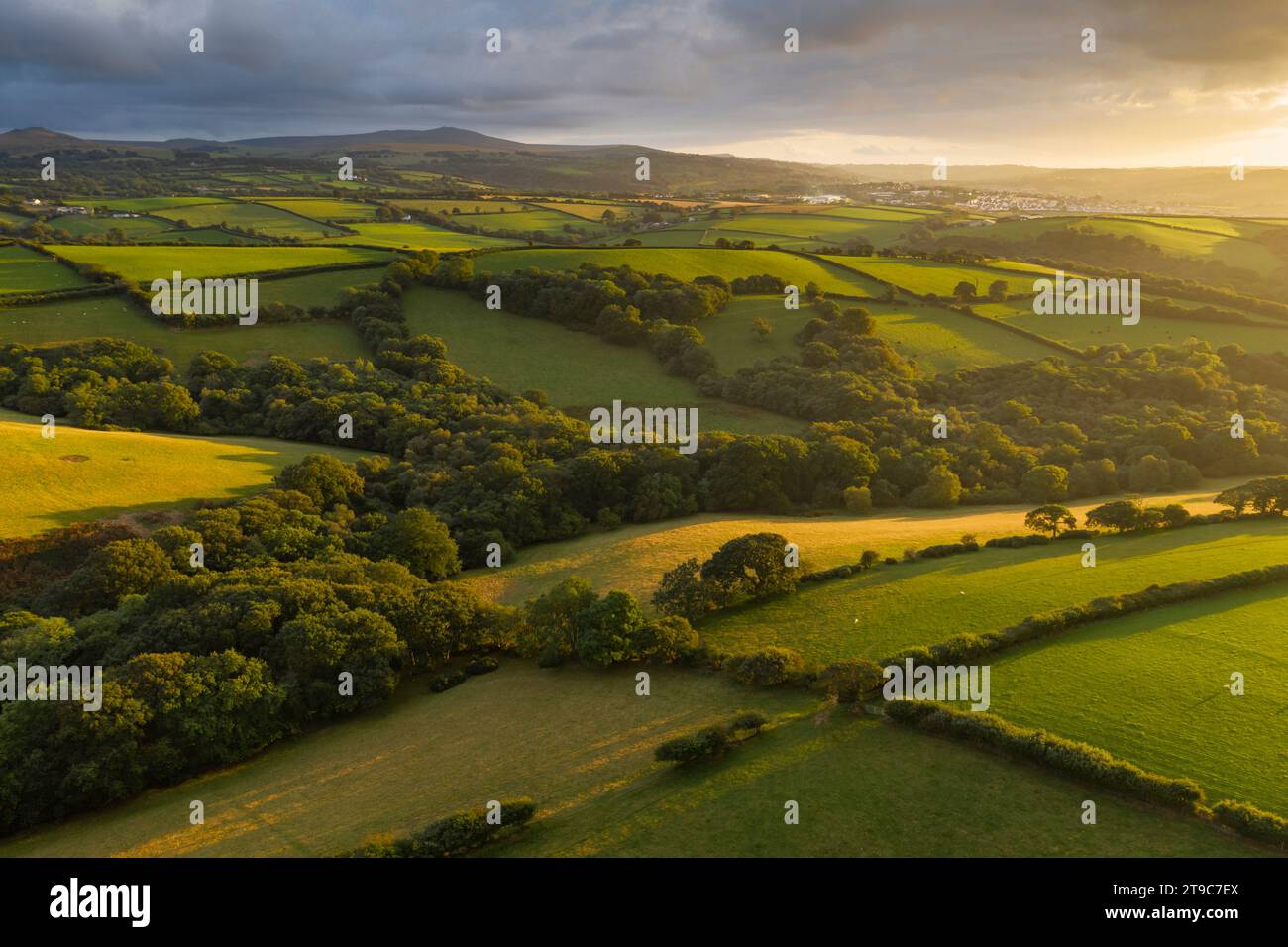 Aerial vista over farmland in evening sunshine, Devon, England. Summer (August) 2019. Stock Photo