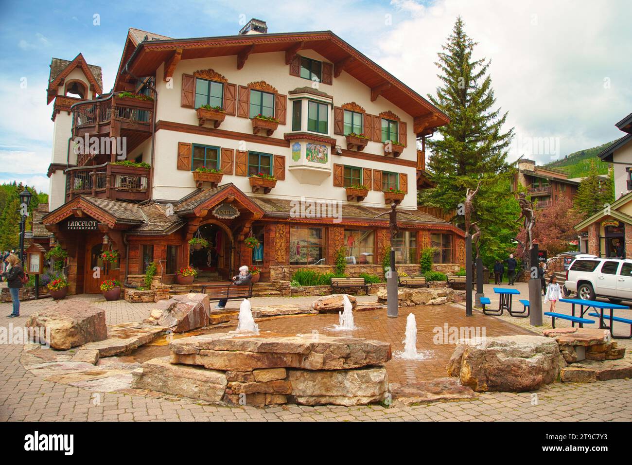 Vail,CO: June 17,2023- Panoramic view of beautiful Alpine Vail village - a famous Ski resort in Colorado Stock Photo