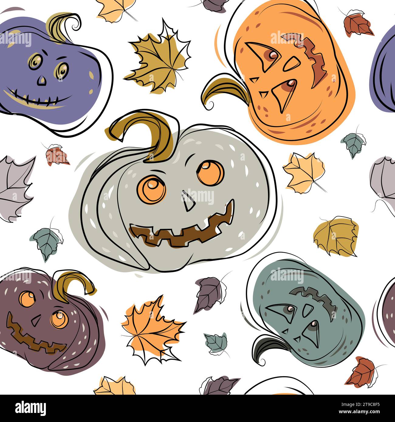 Halloween pumpkins seamless pattern in sketch style with scary and ...