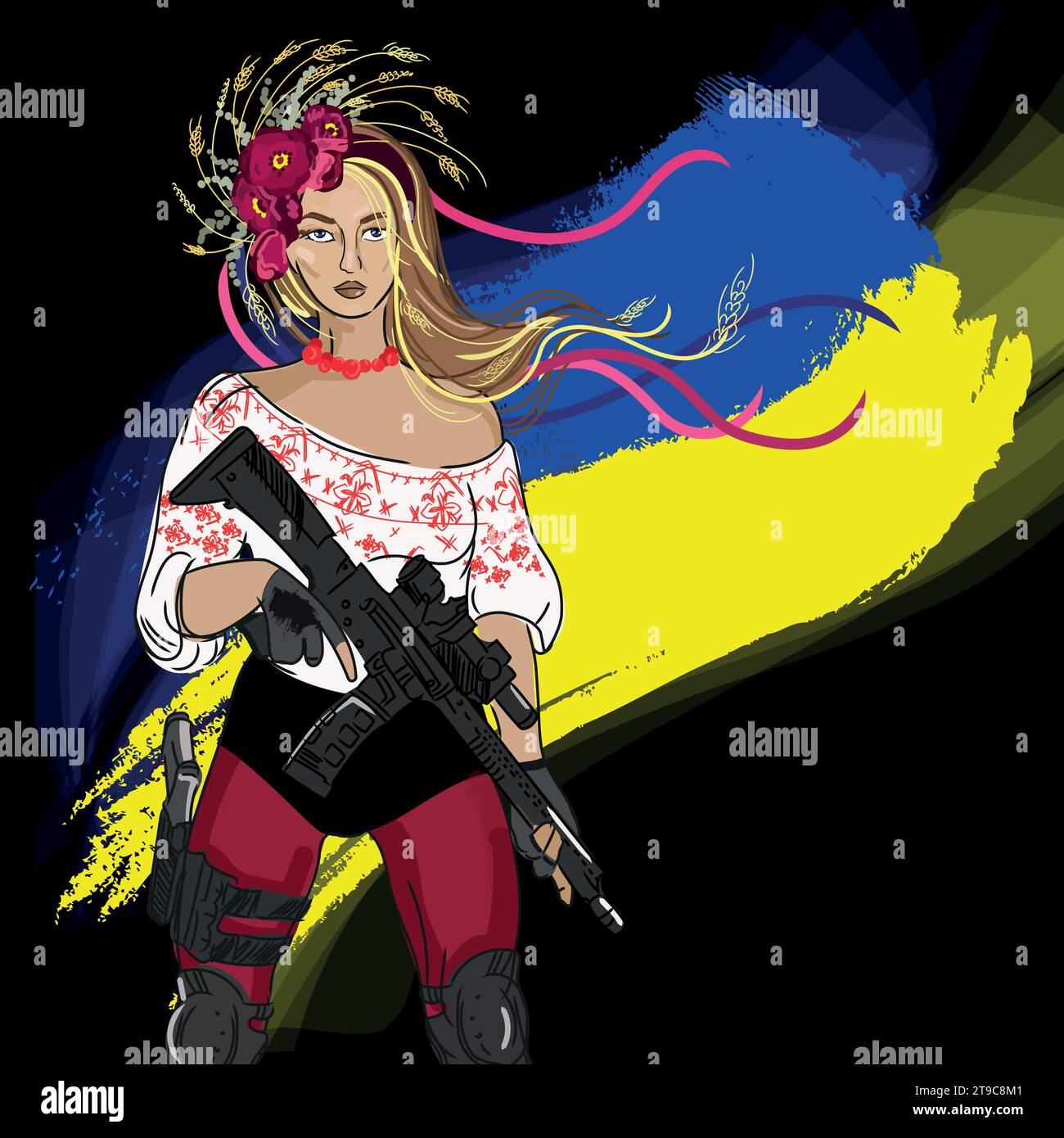 Ukrainian woman with a weapon in her hands.Ukrainian armed woman in a national shirt and a wreath with poppies and ears of wheat on the background of Stock Vector