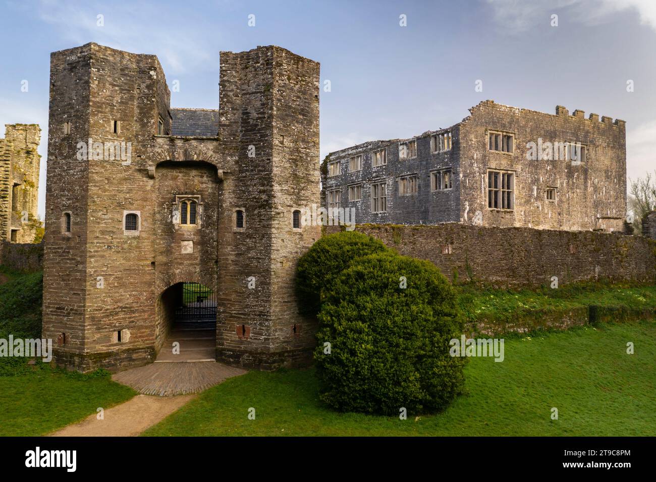 The ruins of Berry Pomeroy Castle at dawn, South Hams, Devon, England. Spring (March) 2021. Stock Photo