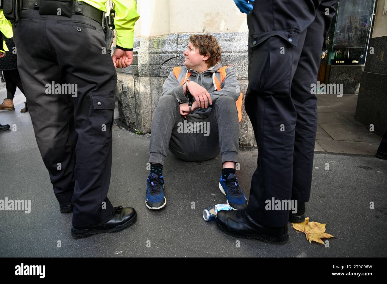 London, UK. Four people with Just Stop Oil banners were arrested in Whitehall when they moved from the pavement onto the road. Actors and academics have criticised the UK governments climate 'madness' and limits on protest. Credit: michael melia/Alamy Live News Stock Photo