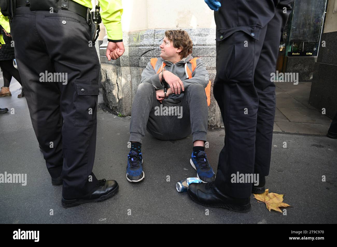 London, UK. Four people with Just Stop Oil banners were arrested in Whitehall when they moved from the pavement onto the road. Actors and academics have criticised the UK governments climate 'madness' and limits on protest. Credit: michael melia/Alamy Live News Stock Photo