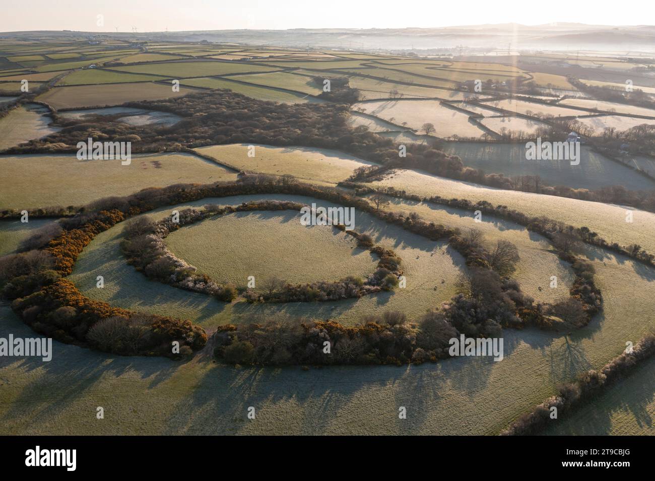 Aerial view of Tregeare Rounds Iron Age Hillfort near Pendoggett in North Cornwall, England.  Spring (April) 2021. Stock Photo