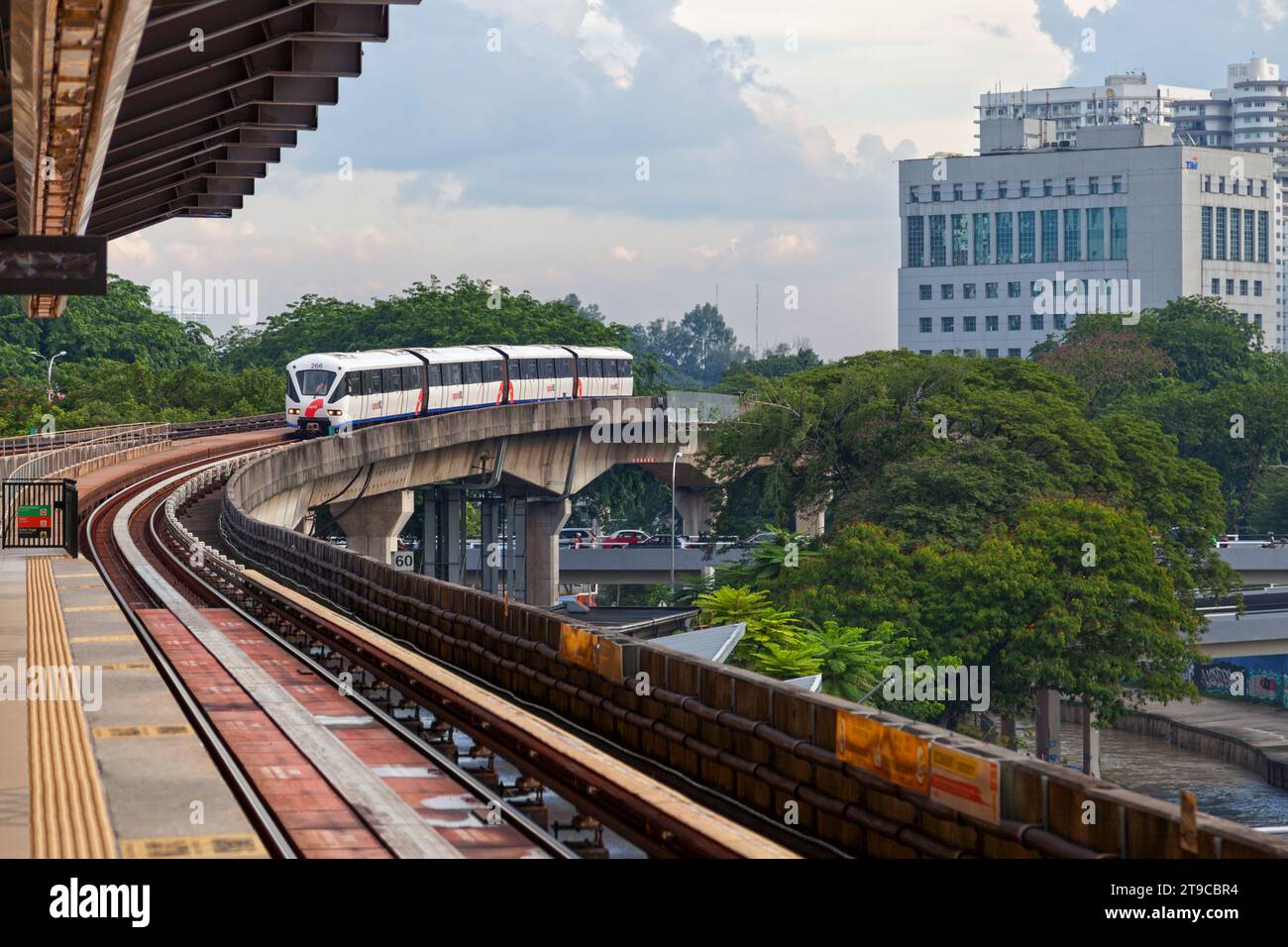 Kuala Lumpur, Malaysia - September 12 2018: Subway train of the Kelana Jaya line arriving at Dang Wangi LRT station. Stock Photo