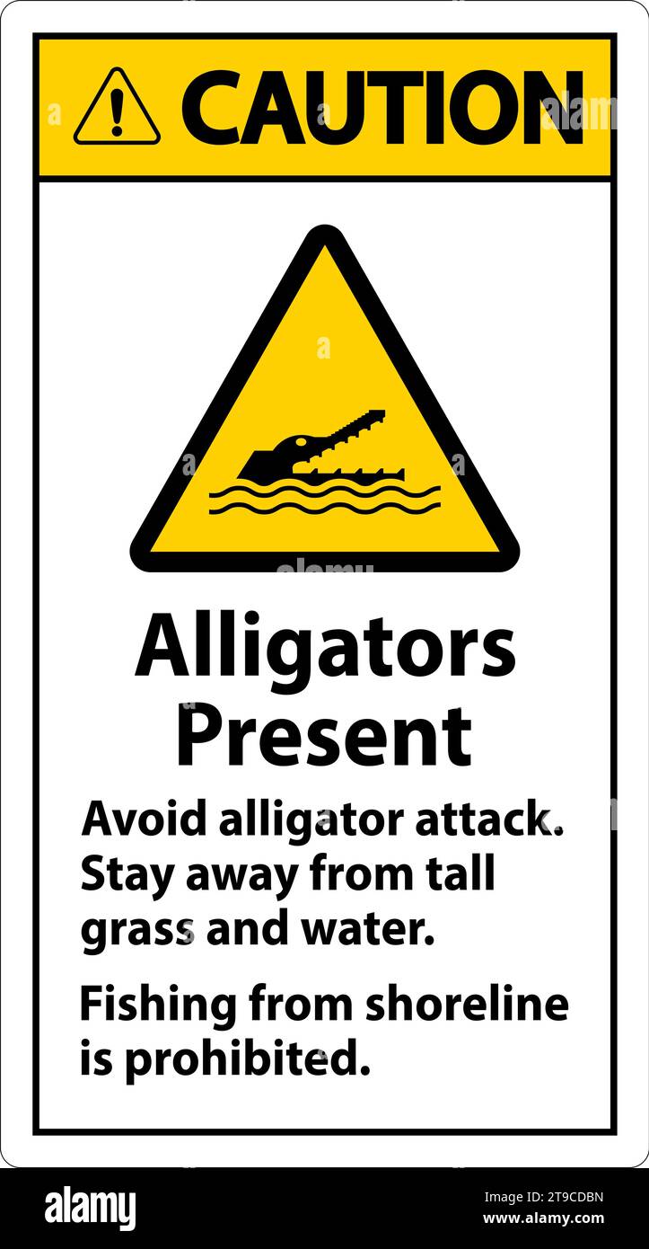 Alligator Warning Sign, Danger - Alligators Present, Avoid Alligator Attack, Stay Away, Fishing From Shoreline is Prohibited Stock Vector