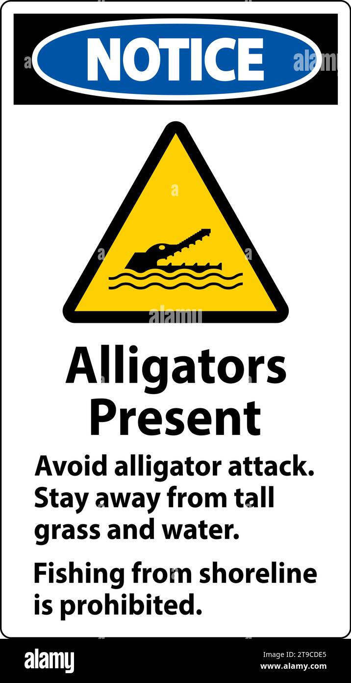 Alligator Warning Sign, Danger - Alligators Present, Avoid Alligator Attack, Stay Away, Fishing From Shoreline is Prohibited Stock Vector