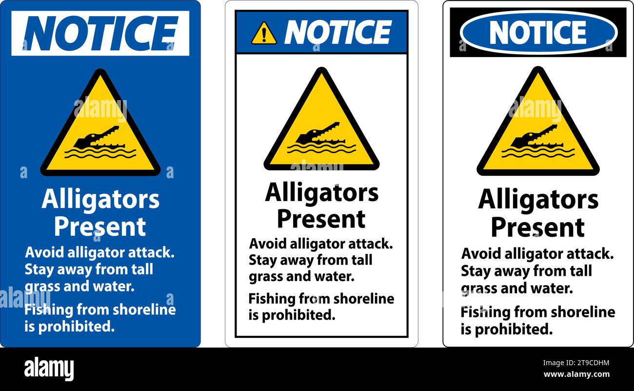 Alligator Warning Sign, Danger - Alligators Present, Avoid Alligator Attack, Stay Away, Fishing From Shoreline is Prohibited Stock Vector