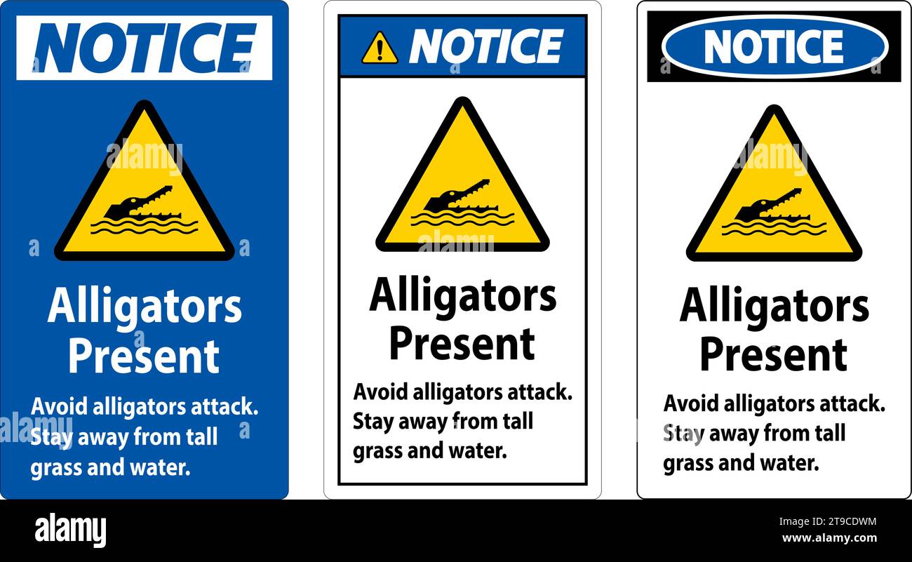 Alligator Warning Sign, Danger - Alligators Present Avoid Attack, Stay Away From Tall Grass And Water Stock Vector