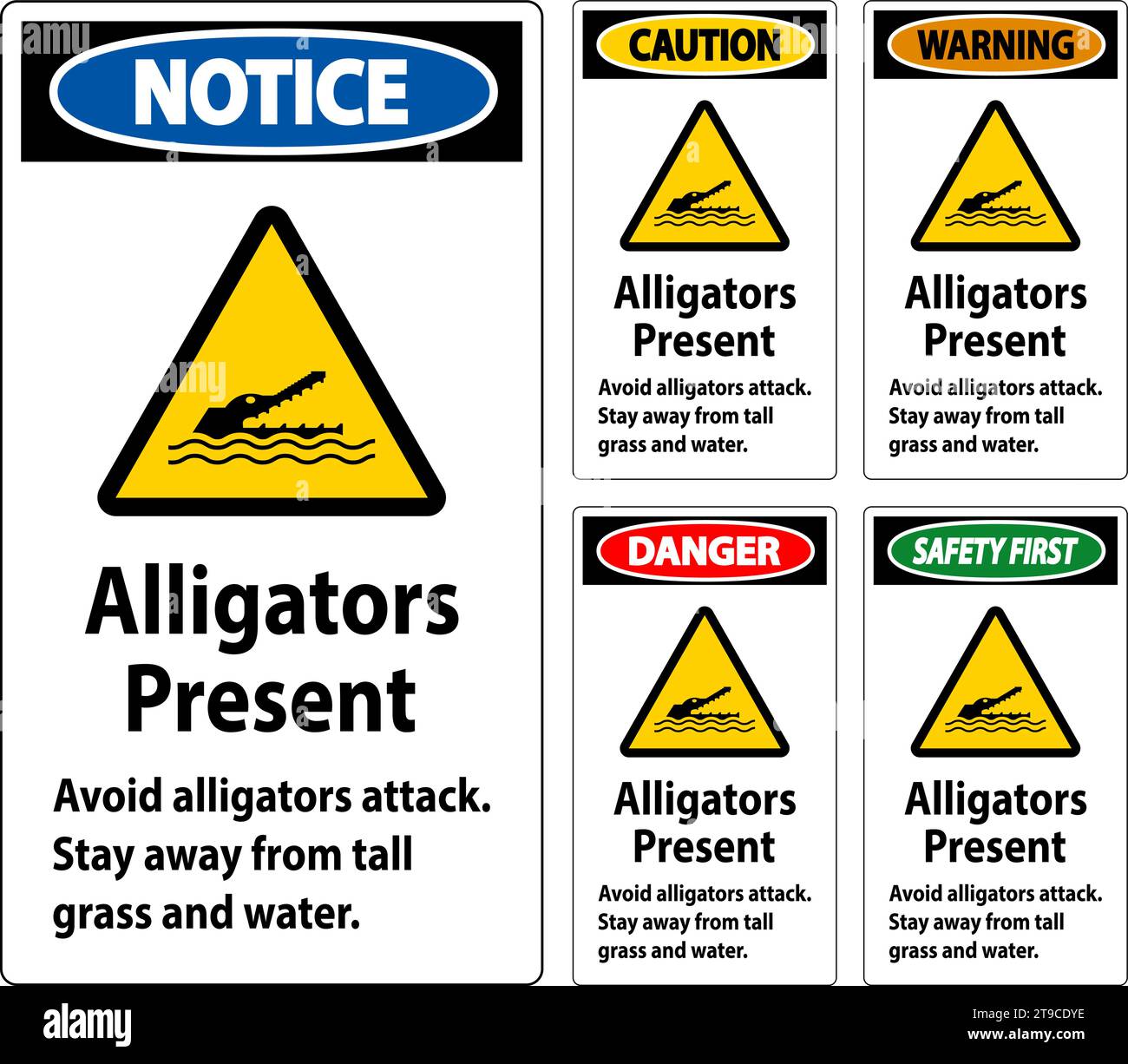 Alligator Warning Sign, Danger - Alligators Present Avoid Attack, Stay Away From Tall Grass And Water Stock Vector