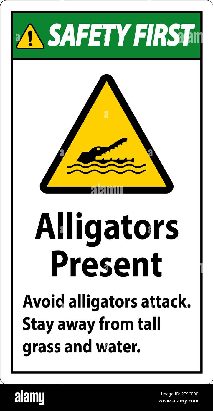 Alligator Warning Sign, Danger - Alligators Present Avoid Attack, Stay Away From Tall Grass And Water Stock Vector