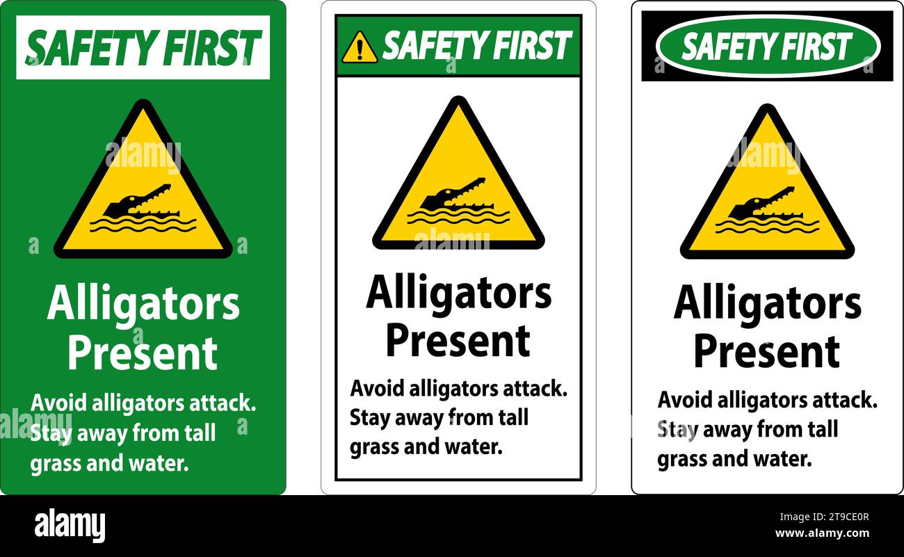 Alligator Warning Sign, Danger - Alligators Present Avoid Attack, Stay Away From Tall Grass And Water Stock Vector