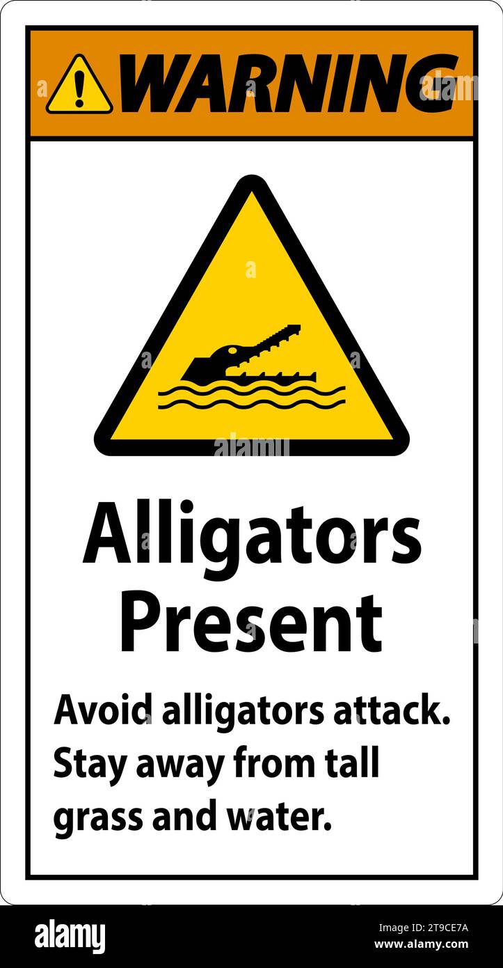 Alligator Warning Sign, Danger - Alligators Present Avoid Attack, Stay Away From Tall Grass And Water Stock Vector