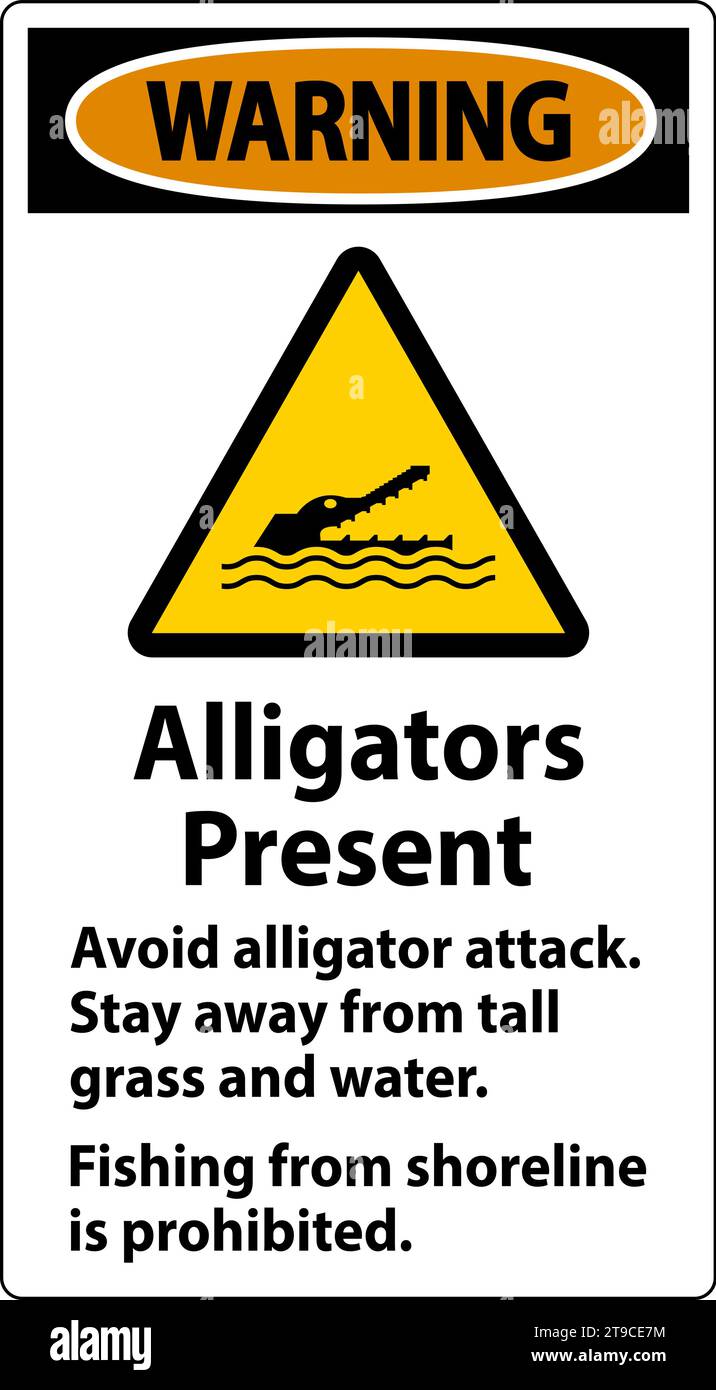 Alligator Warning Sign, Danger - Alligators Present, Avoid Alligator Attack, Stay Away, Fishing From Shoreline is Prohibited Stock Vector