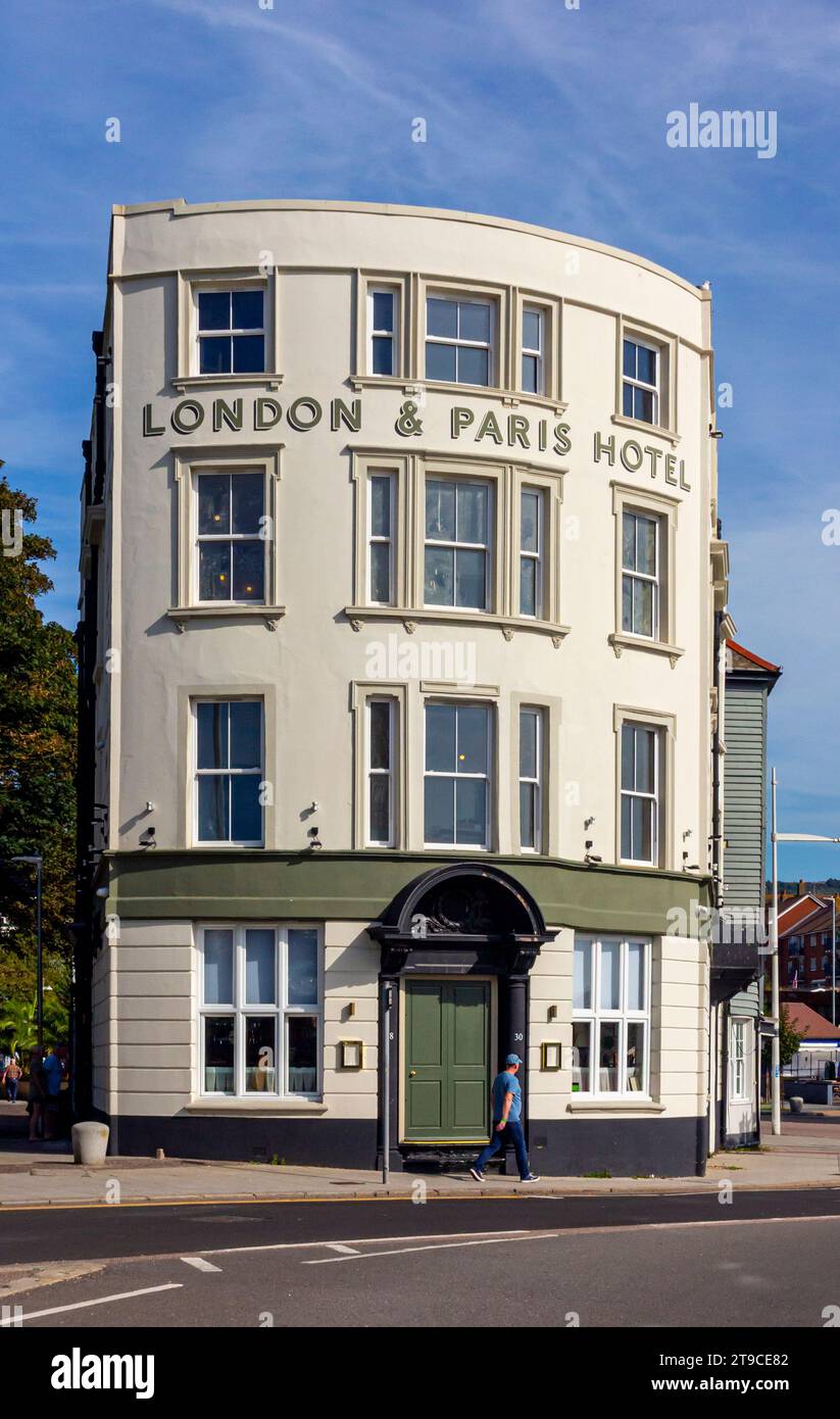 The London and Paris Hotel next to the harbour in Folkestone Kent UK a port town on the English Channel in south east England with blue sky above. Stock Photo