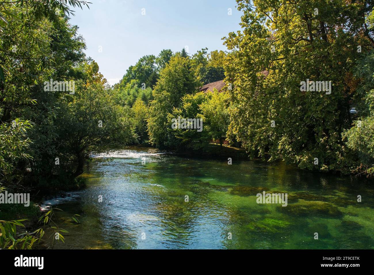 The River Una as it passes through central Bihac in Una-Sana Canton, Federation of Bosnia and Herzegovina Stock Photo