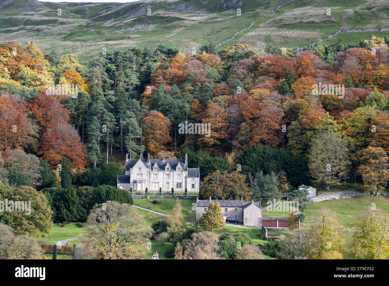Scar House in Arkengarthdale under Langthwaite Scar, now owned by the Duke of Norfolk. Yorkshire Dales National Park, UK. Stock Photo