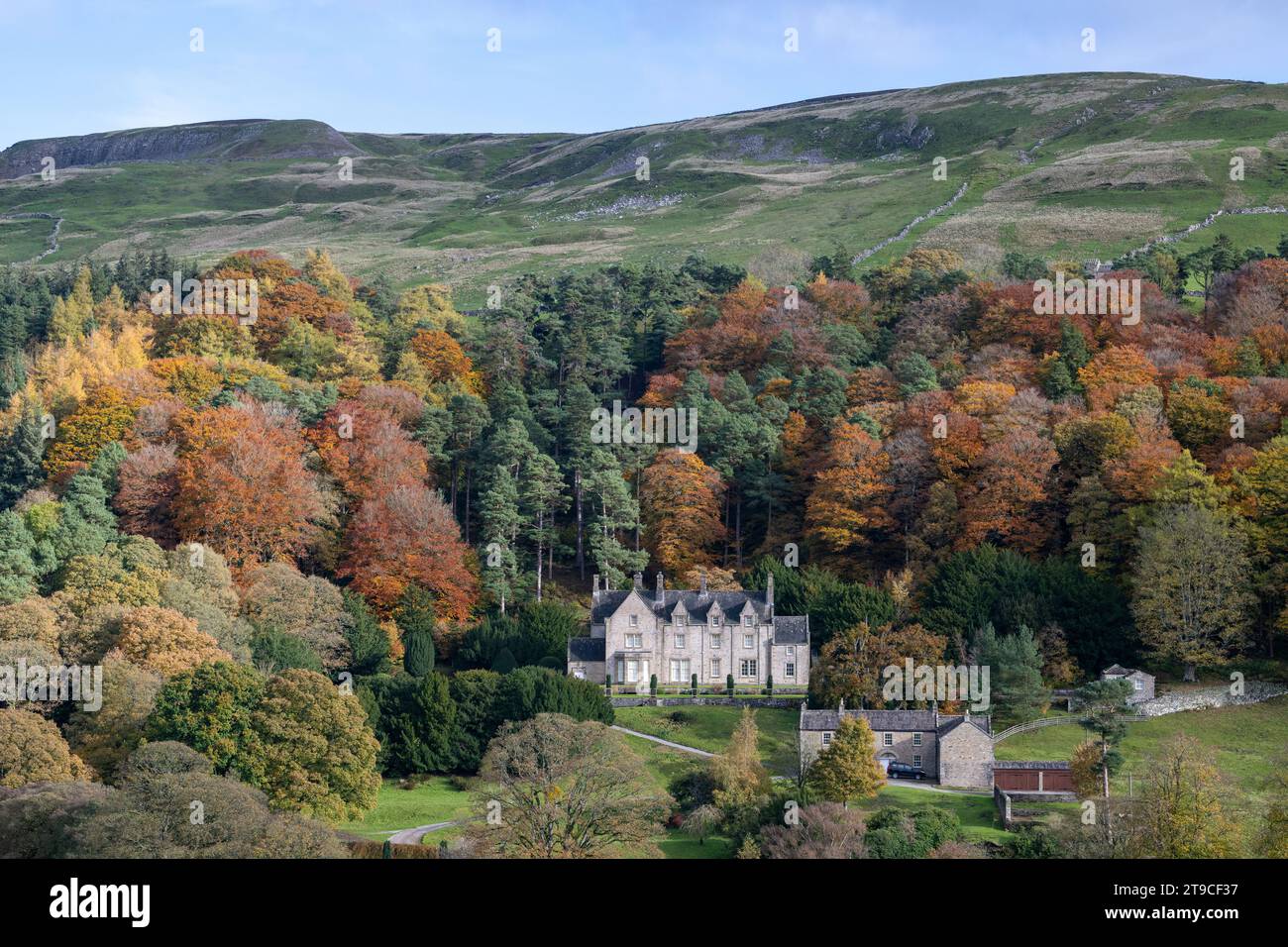 Scar House in Arkengarthdale under Langthwaite Scar, now owned by the Duke of Norfolk. Yorkshire Dales National Park, UK. Stock Photo
