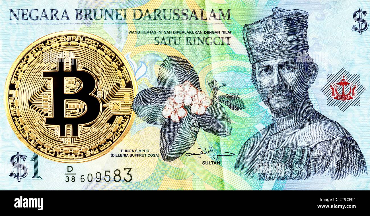 Bitcoin and Brunei Darussalam banknote with Sultan Hassanal Bolkiah