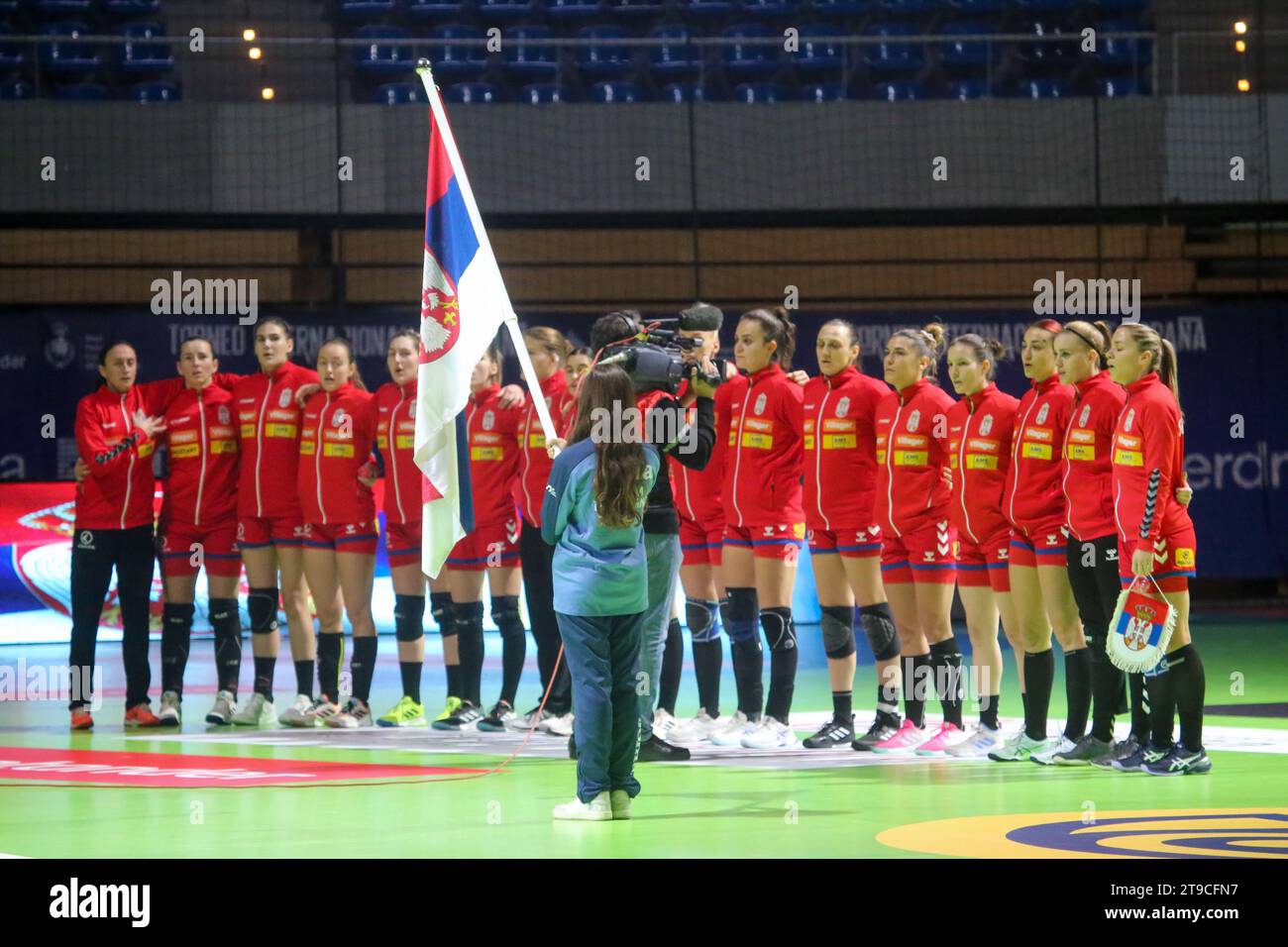 Santander, Spain, November 24, 2023: The Serbian team listening to the anthem during the 1st Matchday of the 2023 Spanish Women's International Tournament between Argentina and Serbia, on November 24, 2023, at the Santander Sports Palace, in Santander, Spain . Credit: Alberto Brevers / Alamy Live News. Stock Photo