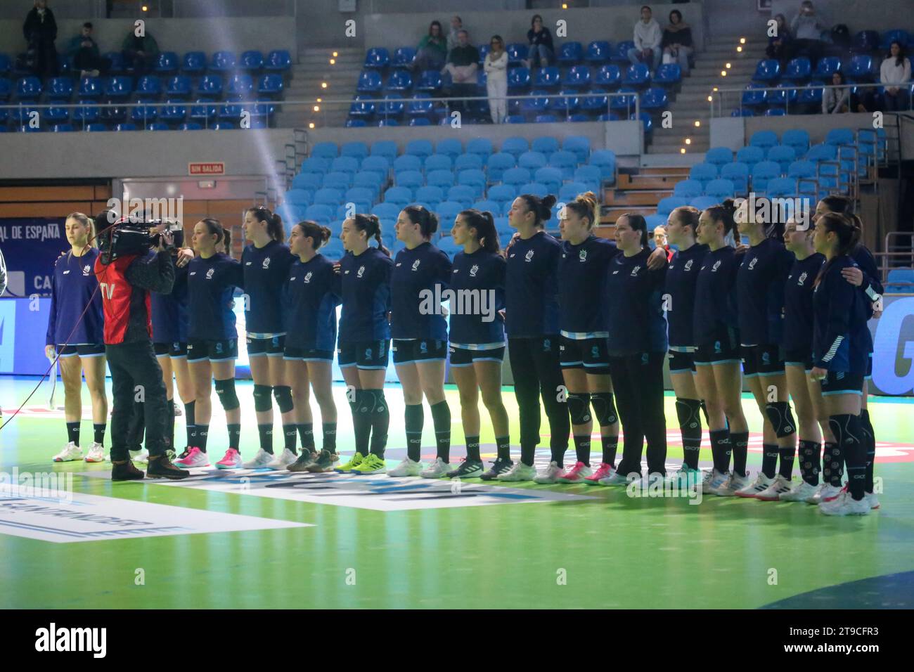 Santander, Spain, November 24, 2023: The Argentine national team listening to the anthem during the 1st Matchday of the 2023 Spanish Women's International Tournament between Argentina and Serbia, on November 24, 2023, at the Santander Sports Palace, in Santander, Spain . Credit: Alberto Brevers / Alamy Live News. Stock Photo