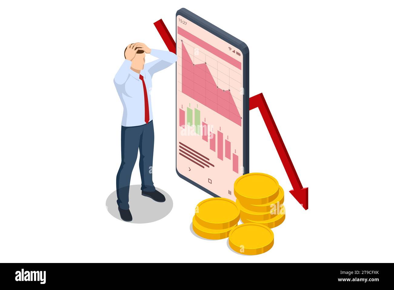 Isometric decreasing trend showing unsuccessful performance and losses failure due to the economic crisis Stock Vector