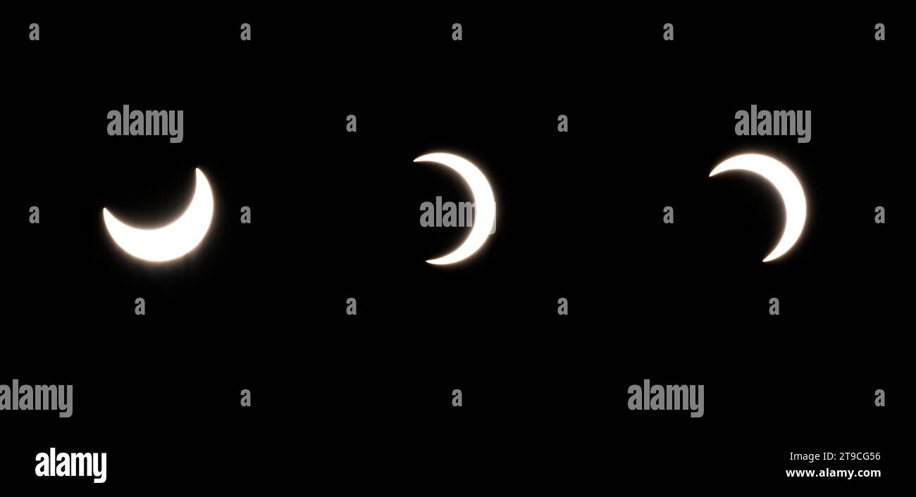 A composite image of 3 photos showing the progression, from left to right, of the Solar Eclipse of October 14th, 2023, viewed from Chino Valley Arizon Stock Photo