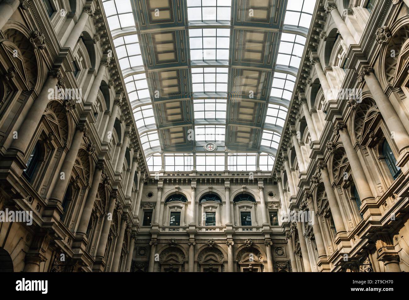 London, UK - August 25, 2023: The courtyard of the Royal Exchange, a historical commercial building. Stock Photo