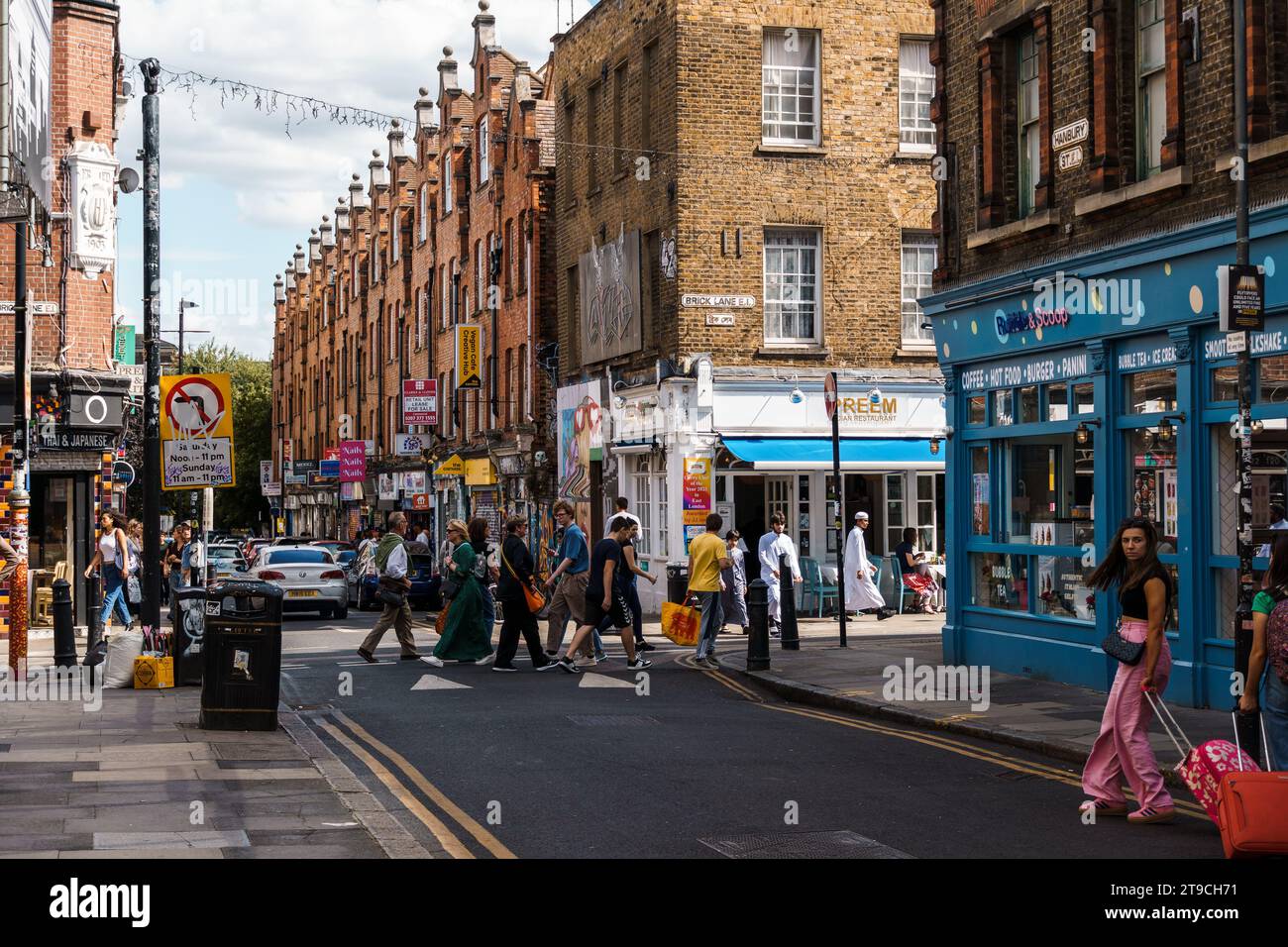 London, UK - August 25, 2023: Street scene with people shopping in Brick Lane in Shoreditch Area in the East End Stock Photo