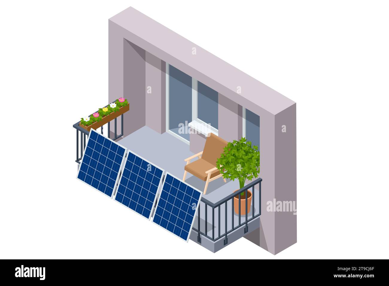 Isometric Solar Panels on Balcony of Apartment. Small Solar Panel