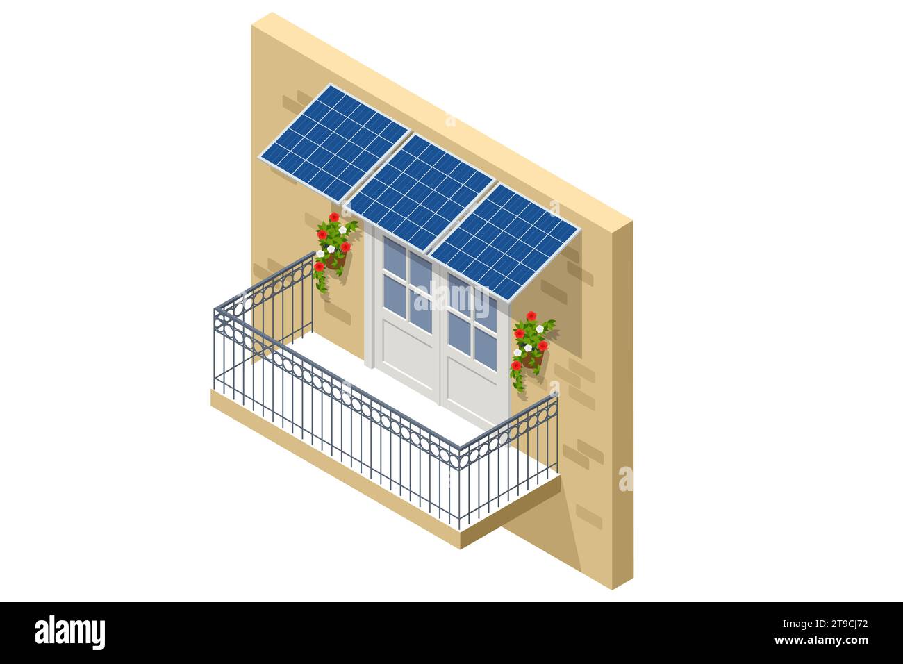 Isometric Solar Panels on Balcony of Apartment. Small Solar Panel