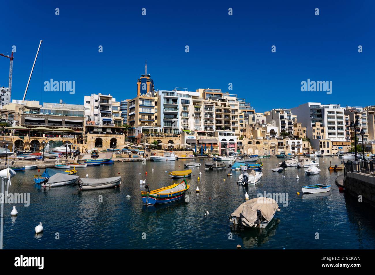 Boats in Spinola Bay, Saint Julians, Malta Stock Photo