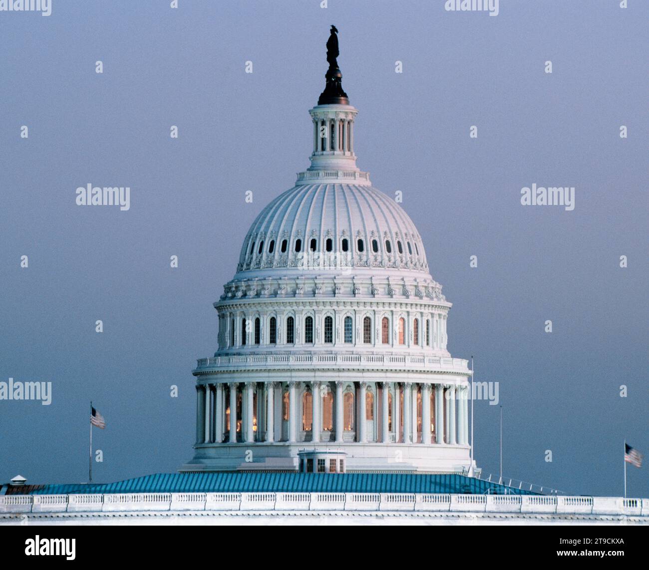 United States Capitol Building in Washington DC on the National Mall at dusk. Capitol Dome and Statue of Freedom.President Stock Photo