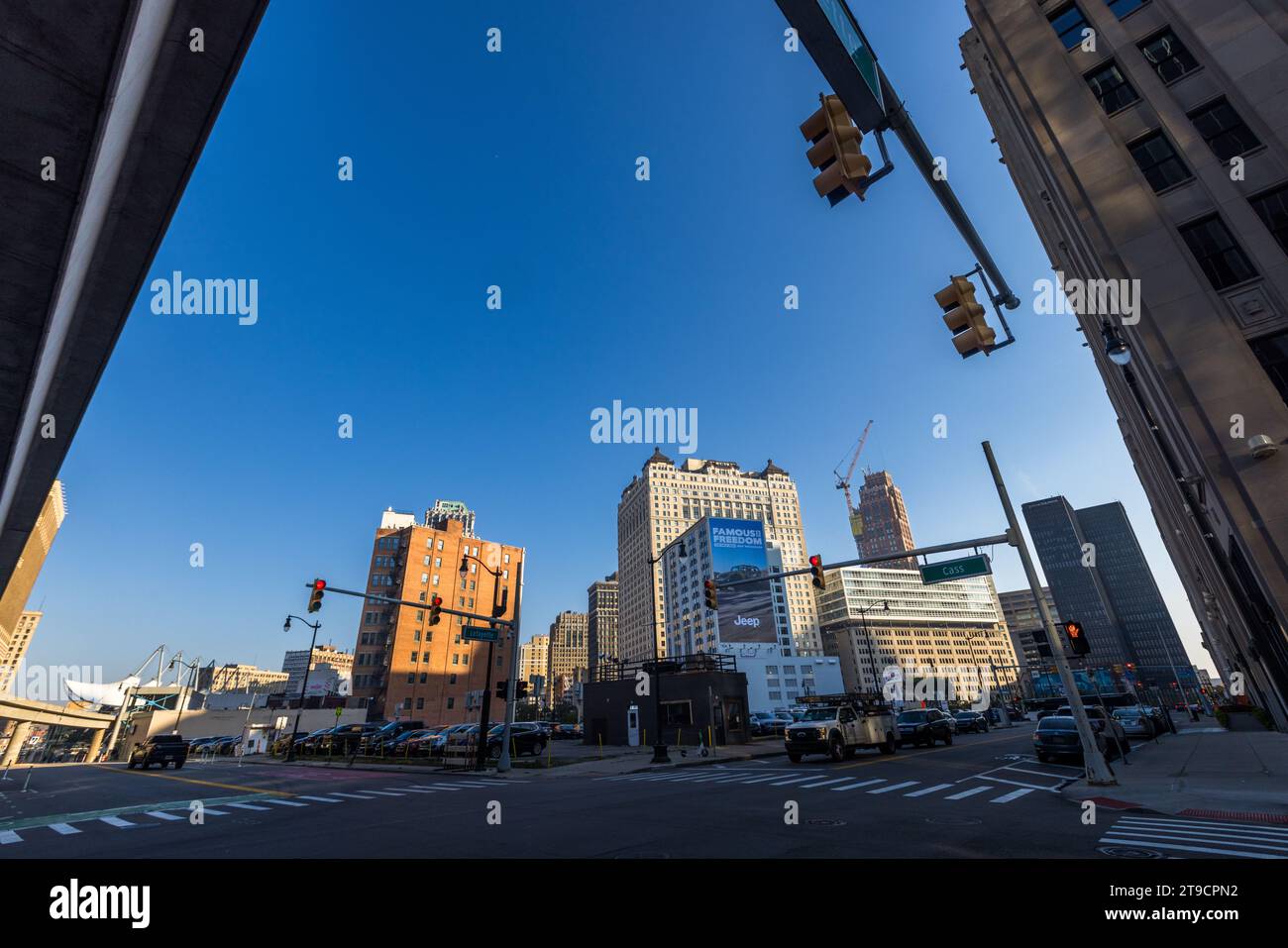 Road junction with traffic lights in Detroit, United States Stock Photo