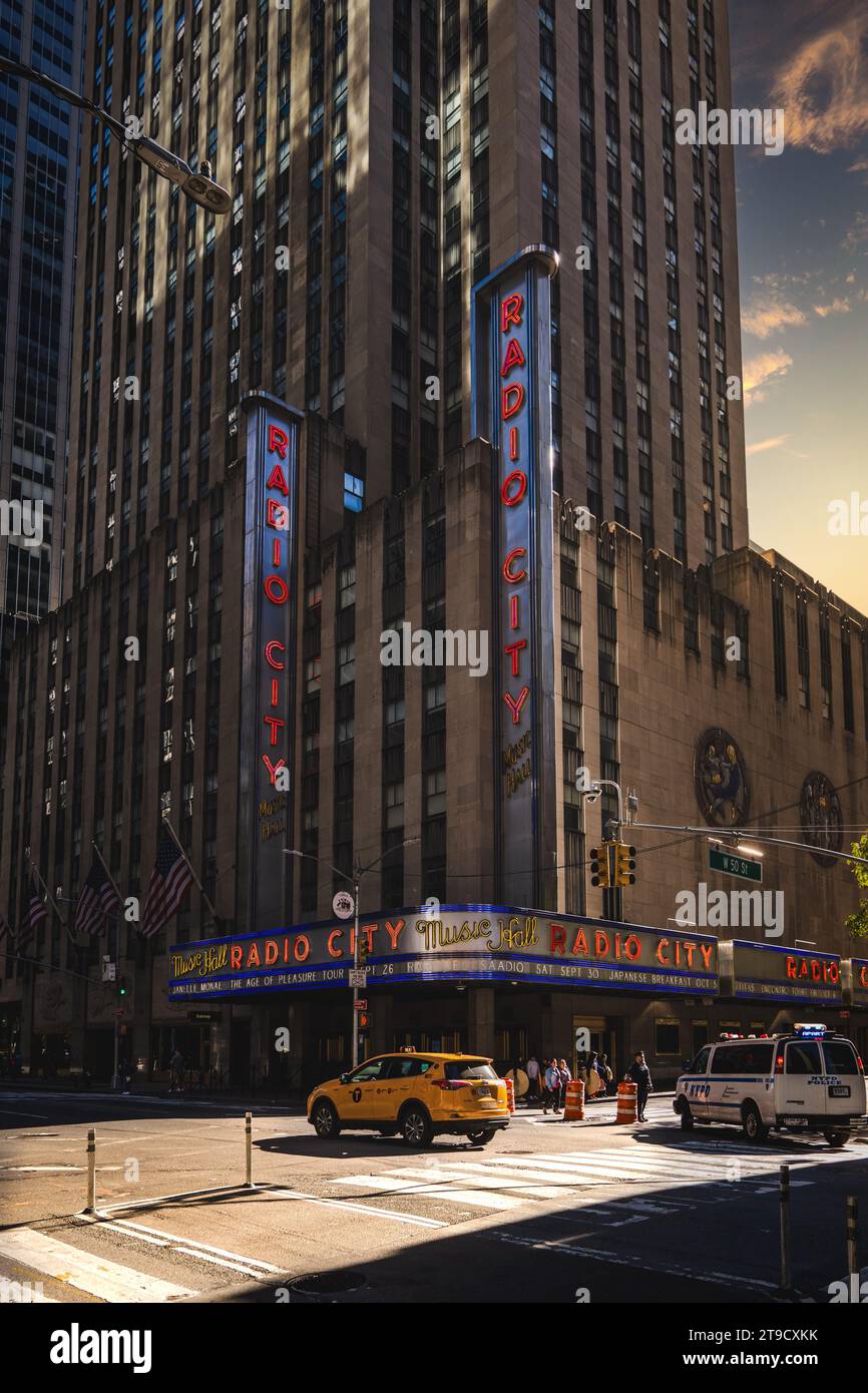 RADIO CITY MUSIC HALL, NEW YORK, USA, - SEPTEMBER 17, 2023.  A vertical cityscape of the entrance to The Radio City Music Hall with famous neon sign a Stock Photo