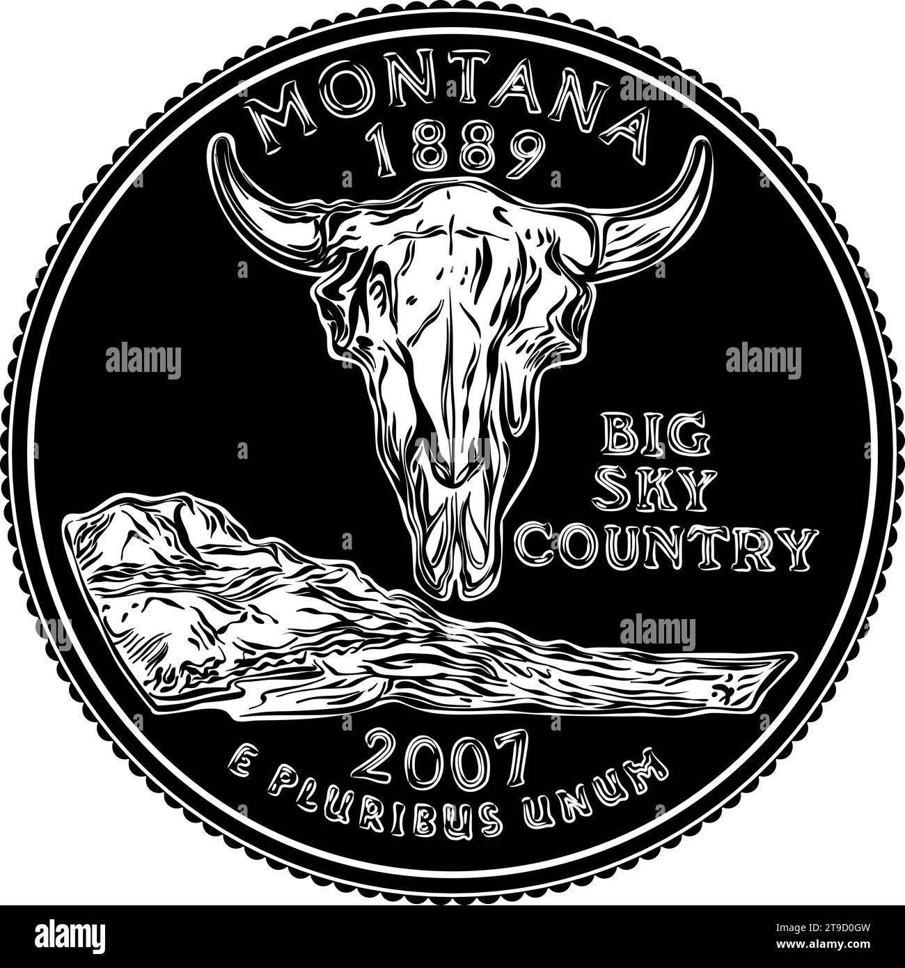 American money, USA Washington quarter dollar or 25-cent silver coin, American bison skull on reverse. Black and white image Stock Vector