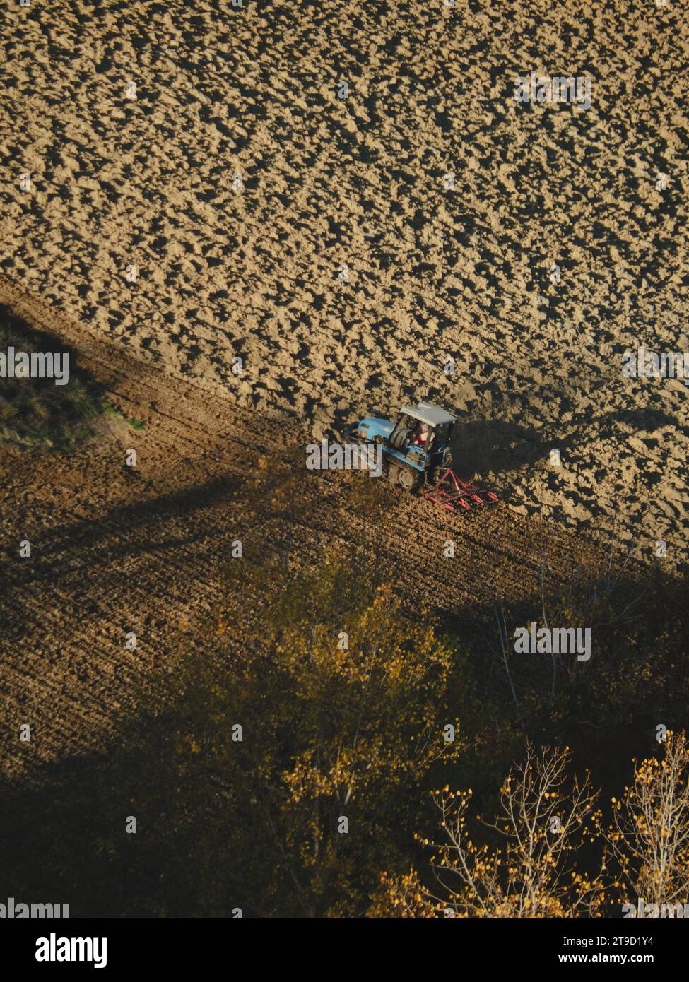 crawled tractor plow arid dry soil on the hill of Arda Valley, Italy, to seed wheat during autumn season in november Stock Photo