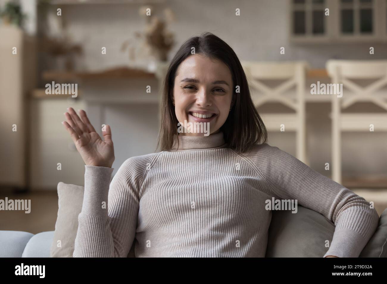 Profile picture of woman make video call at home Stock Photo