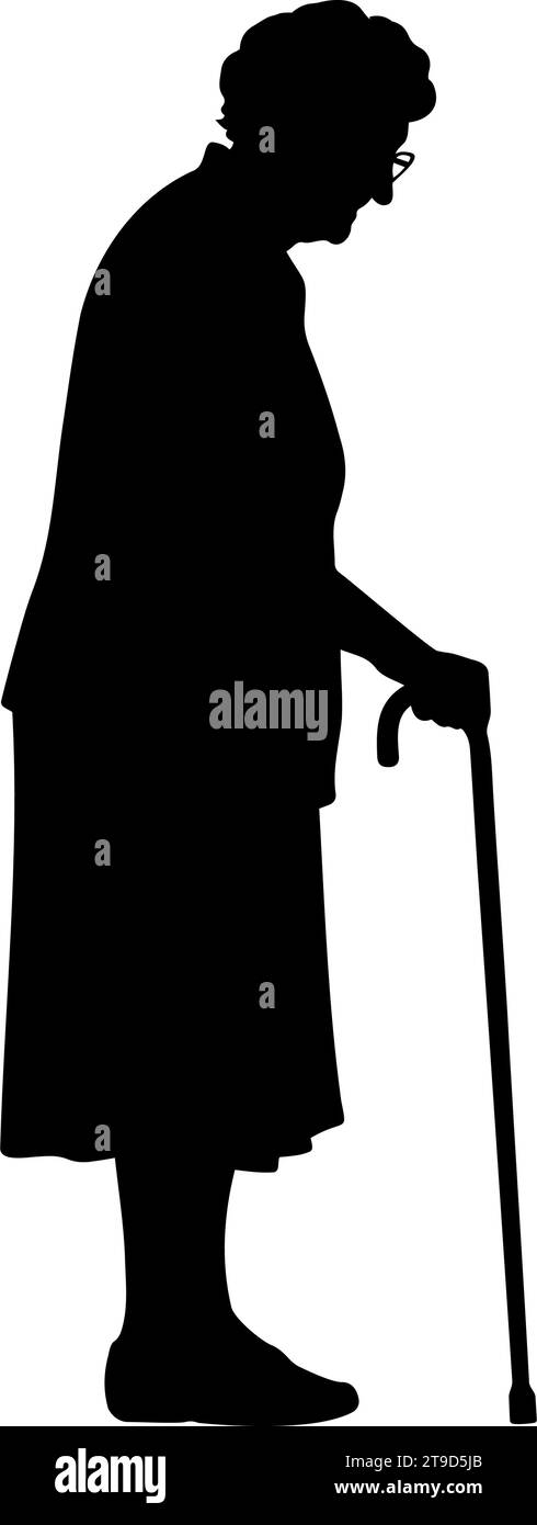 Standing old woman with cane silhouette. Vector illustration Stock Vector