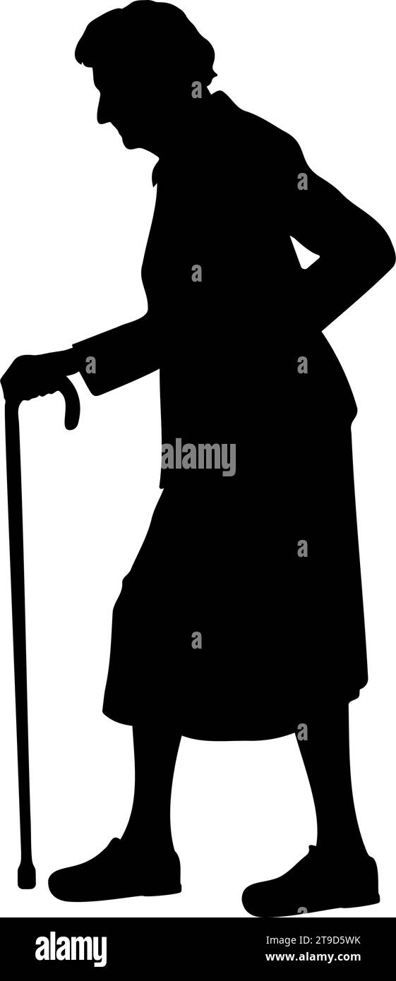 Walking elderly woman with cane silhouette. Vector illustration Stock Vector