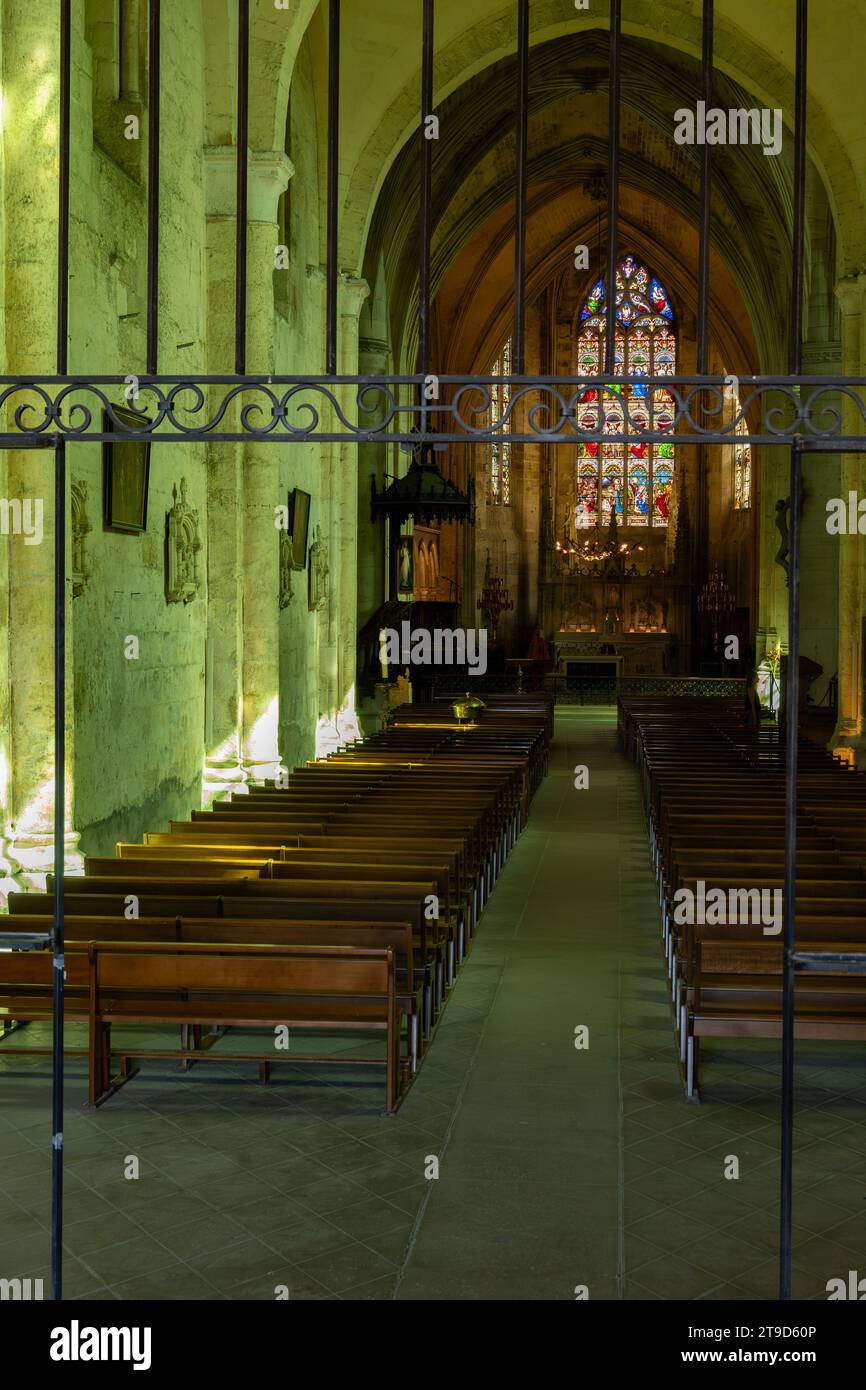 Views of interior of old church of medieval town St. Emilion ...