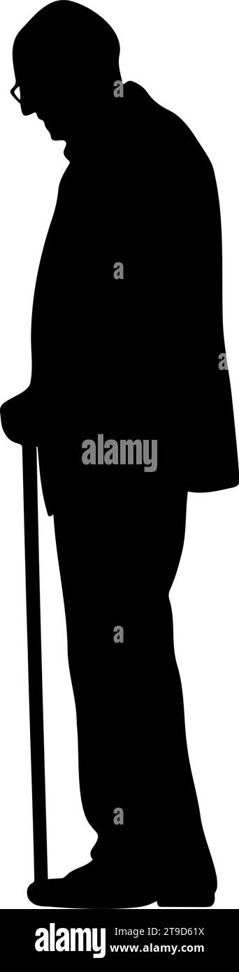 Standing old man with cane silhouette. Vector illustration Stock Vector