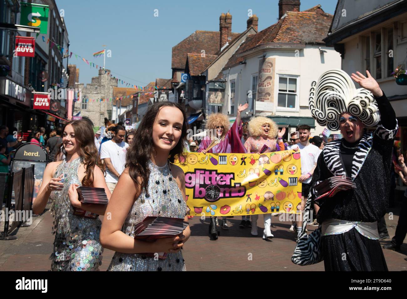 Canterbury, Kent, United Kingdom, June 10 2023: Happy pride people and supporters parading at the pride parade at Canterbury city in Kent UK Stock Photo