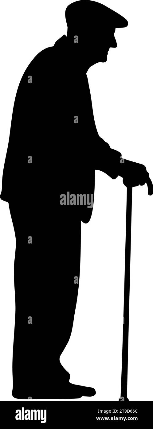 Standing Elderly man with cane silhouette. Vector illustration Stock Vector