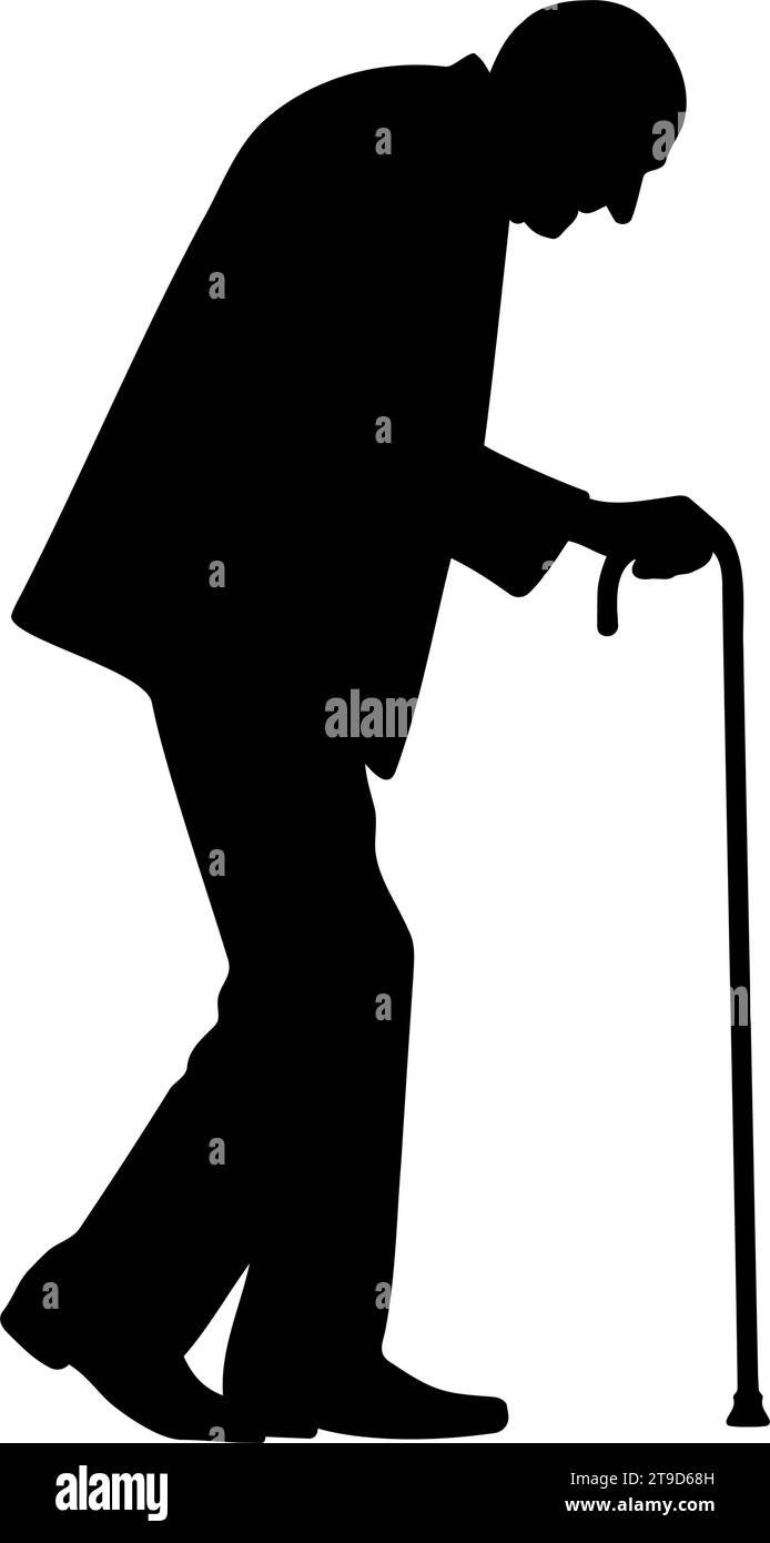Elderly man with cane walking silhouette. Vector illustration Stock Vector